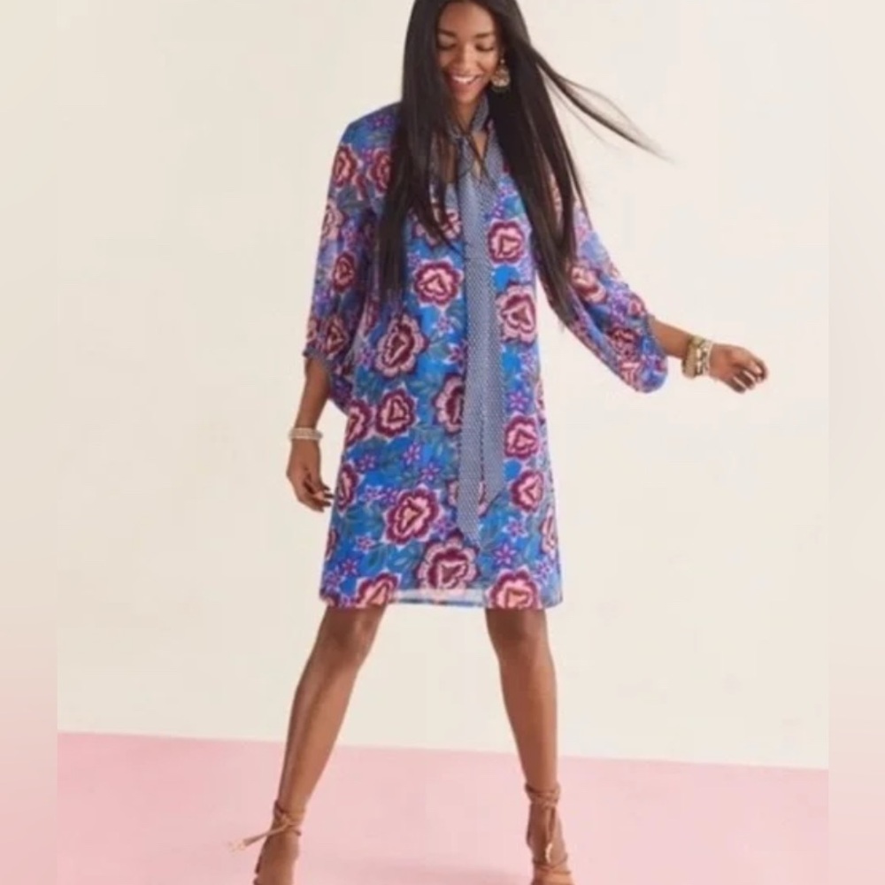 CAbi Primerose Mini Dress MED Blue Floral Shift Feminine Flowing Chiffon V-Neck